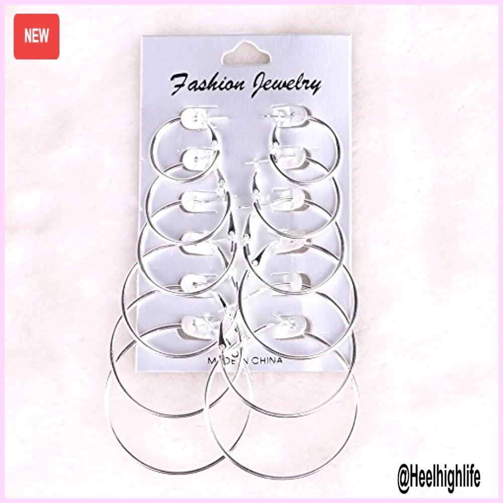 6 Pair Hoop Earring Set Stainless Steel Studs Women's Jewelry Silver Tone - Picture 2 of 4